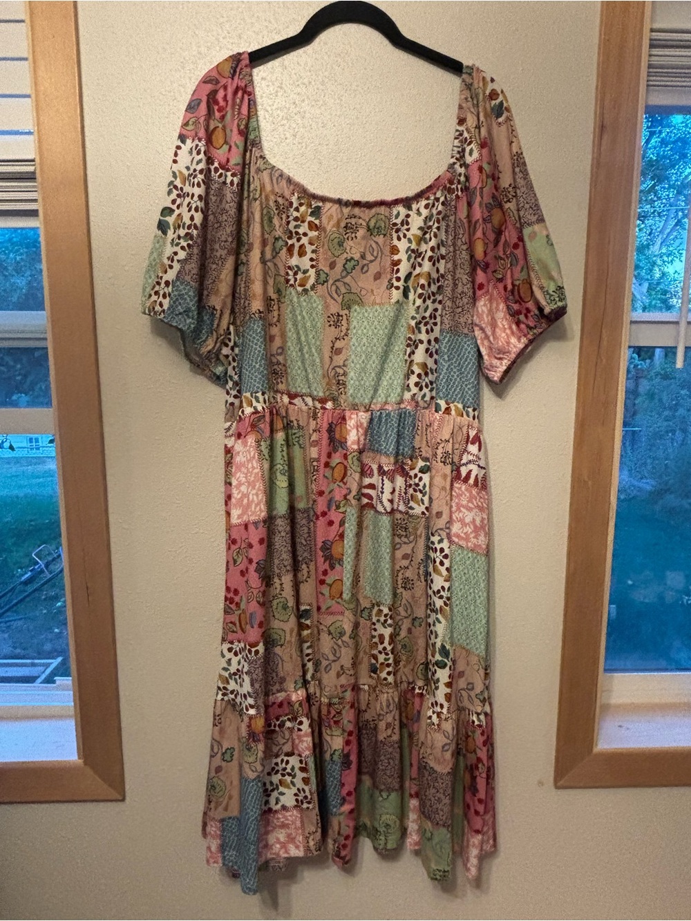Bloom Chic Patchwork Floral Boho Midi Dress in Pink, Green & Cream - Picture 3 of 5